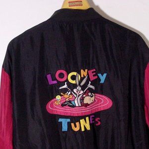 Vtg 90's Silk Looney Tunes Embroidered Jacket Sz L